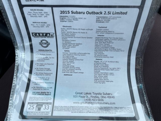 2015 Subaru Outback 2.5i Limited