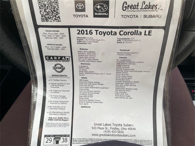 2016 Toyota COROLLA LE