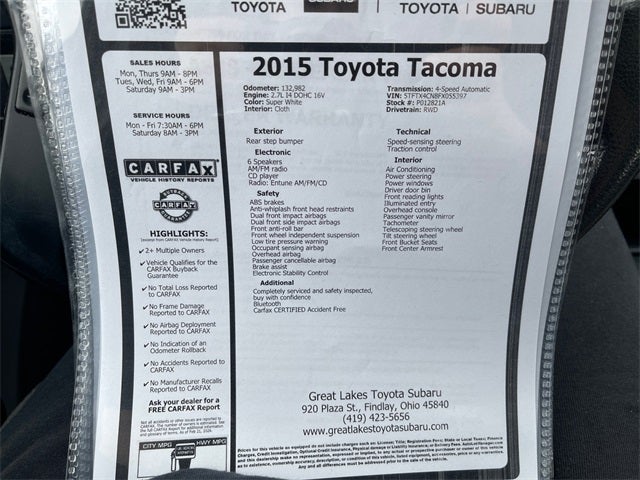 2015 Toyota TACOMA 4X2 2WD Access Cab I4 AT (Natl)